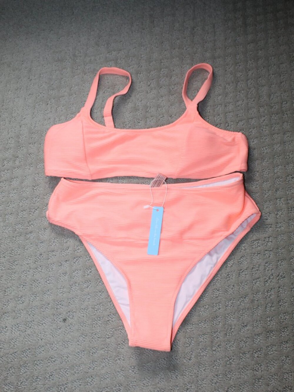 Cupshe Size L Peach Ribbed Bikini Hi-Cut Swimsuit Set